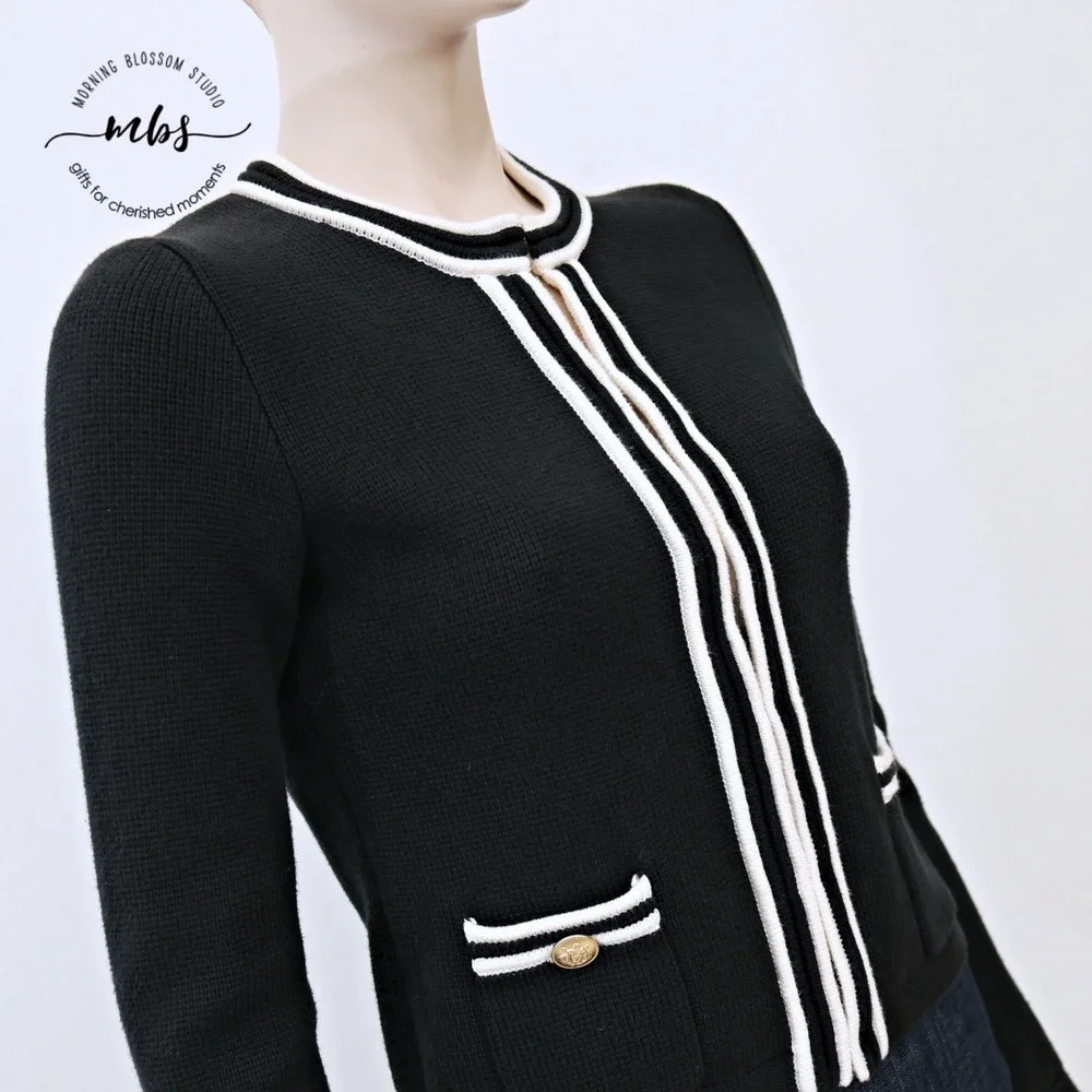 J. Crew Emilie Contrast Trim‎ Gold Button Sweater Jacket Black White Women XXS